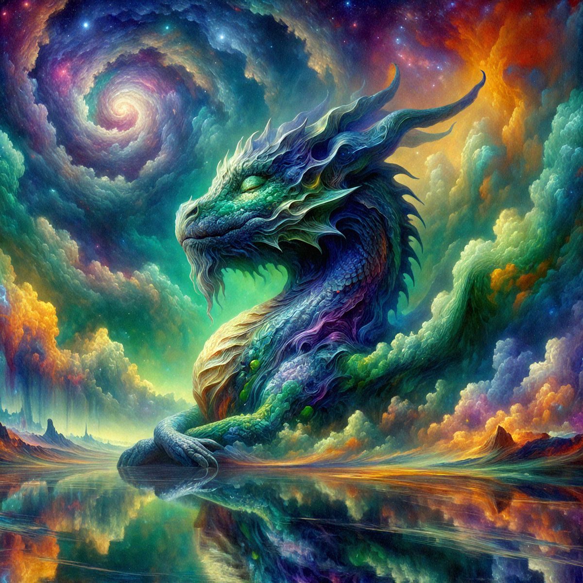 Primary subject: A dragon with a green head and purple body, sitting on a rock.

Setting/background: The dragon is sitting on a rock in front of a colorful, swirling background.

Visual style: The image is a digital art piece.

Colors and mood: The dragon has a green head and purple body, and the overall atmosphere is vibrant and lively.